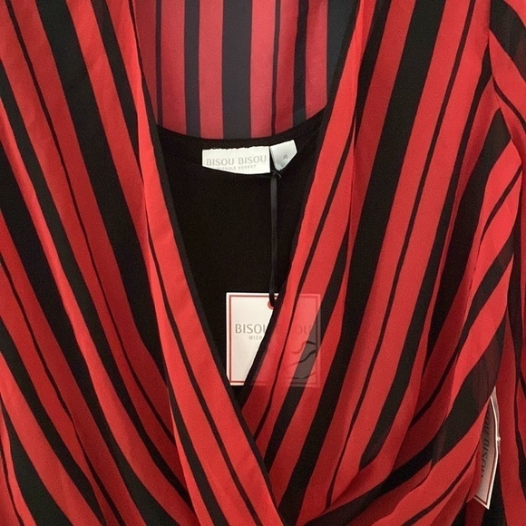 Bisou Bisou Red Black Stripe Sheer Top Slit Sleeve Layered Sheath Mini Dress 4 - Picture 3 of 8